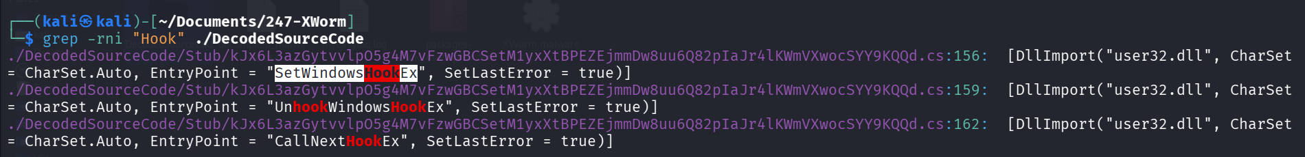 Grep output showing three DllImport declarations from user32.dll: SetWindowsHookEx (line 156), UnhookWindowsHookEx (line 159), and CallNextHookEx (line 162).